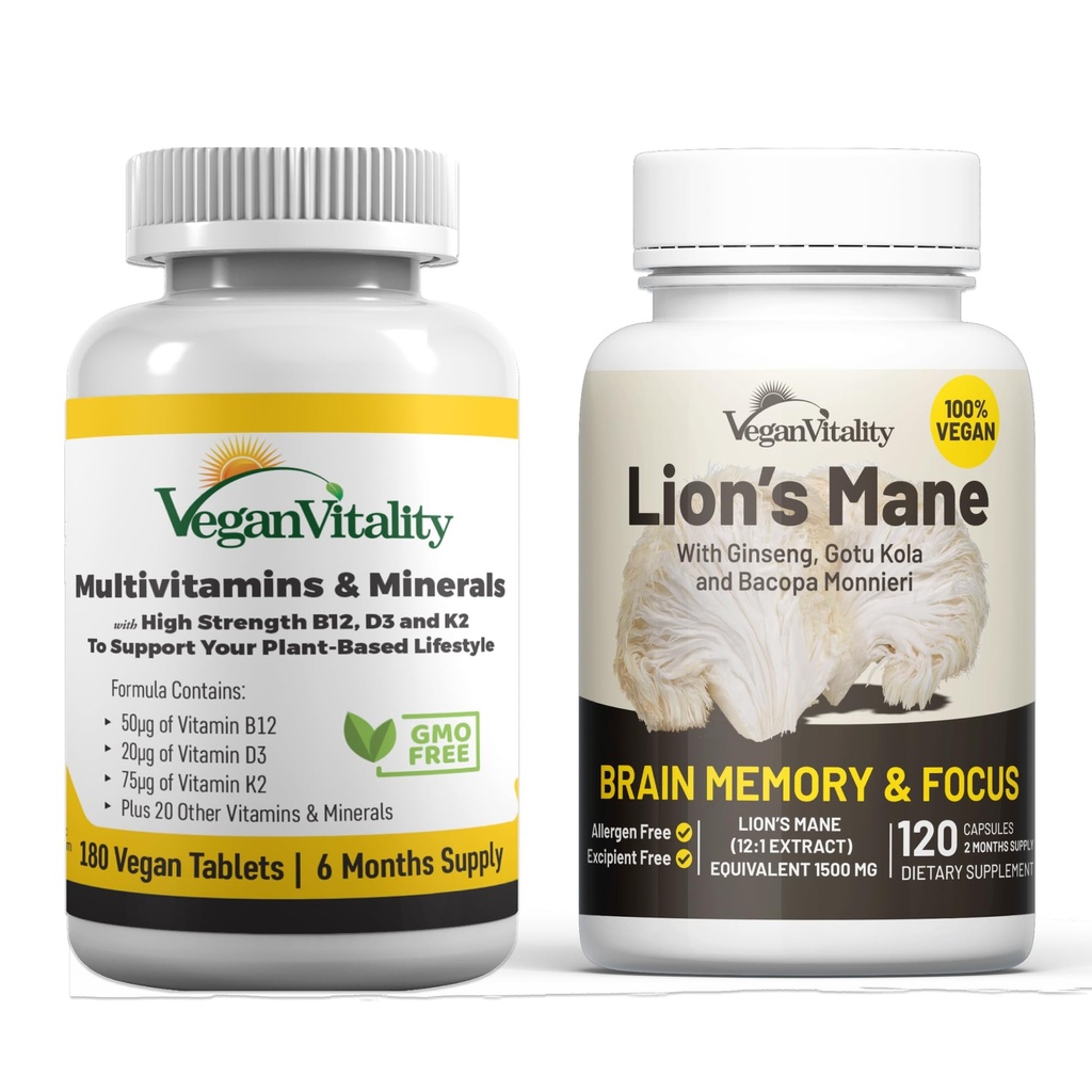 Vegan Vitality Brain Nutrition Bundle - Lions Mane Nootropic Capsules e Vegan Multivitaminici. Integratori basati su piante ad alta resistenza per la memoria e la messa a fuoco e la salute generale per vegani e vegetariani