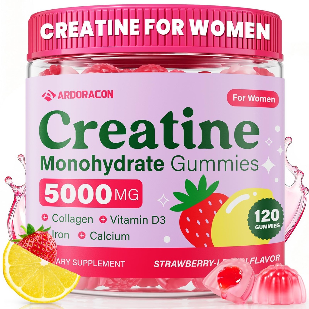 Creatina per le donne, Creatina Monoidrato Gummies con collagene, Vitamina D3 & Calcium per i muscoli, Booty & Energy, Zucchero Gummie Free Creatina Post & Pre Integratori di allenamento per le donne, 120 Ct