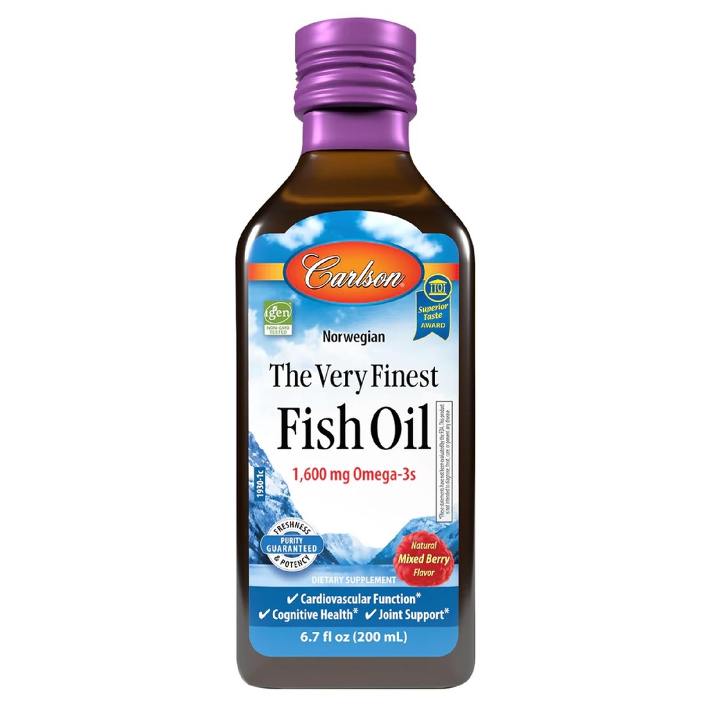 Carlson L'olio di pesce più fine, 1600 mg Omega-3, aroma di bacche miste, 200 mL – Olio di pesce norvegese liquido, Wild-Caught & Sustainably Source