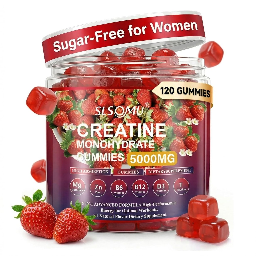 Gummie di creatina per le donne, 5000mg Pre-Workout Muscle Strength & Energy Support, 0 Zucchero Creatina Gummy con L-Taurine, Zinc, B12 B6, Fragola Flavor, Vegan - 120 Gummies