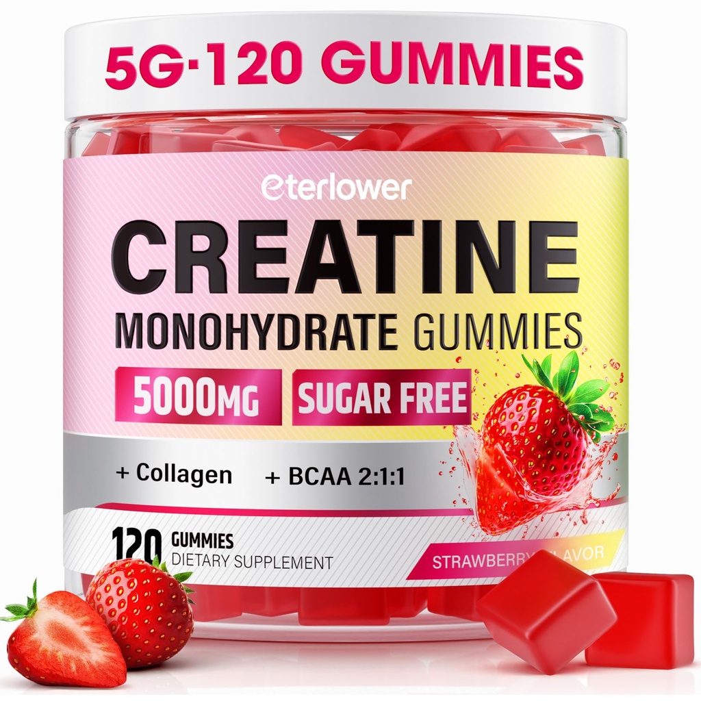 Gummies di creatina monoidrato, 5g gommie di creatina per il supporto di crescita di donne e uomini.Pre-allenamento e muscolo, contiene BCAA, collagene, senza zucchero, 120 conte
