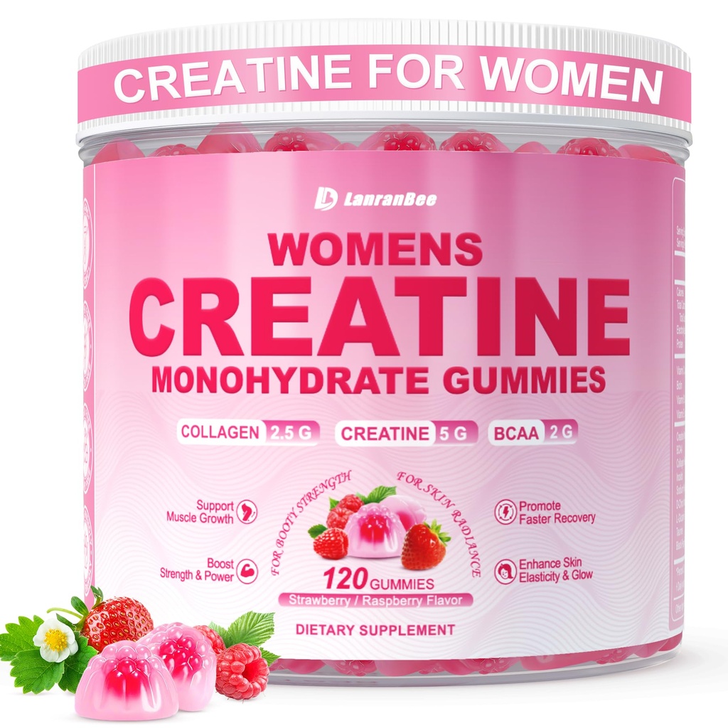 Creatina per le donne, Creatina Monoidrato Gummies con collagene, BCAA, L-Carnitina & Taurina, Fragola Flavor, Energy Creatine Supplement per la forza muscolare, Energy Boost, Sugar Free, 120 Count