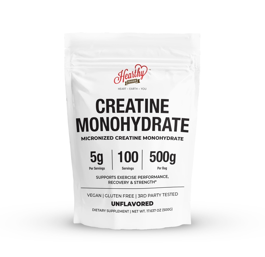 HEARTHY ALIMENTI Creatina Monoidrato Polvere micronizzata 500G - 100 Serve, 5000mg Per Serve (5g) - per gli uomini e le donne crescita del muscolo & Recupero - UNFLAVORED