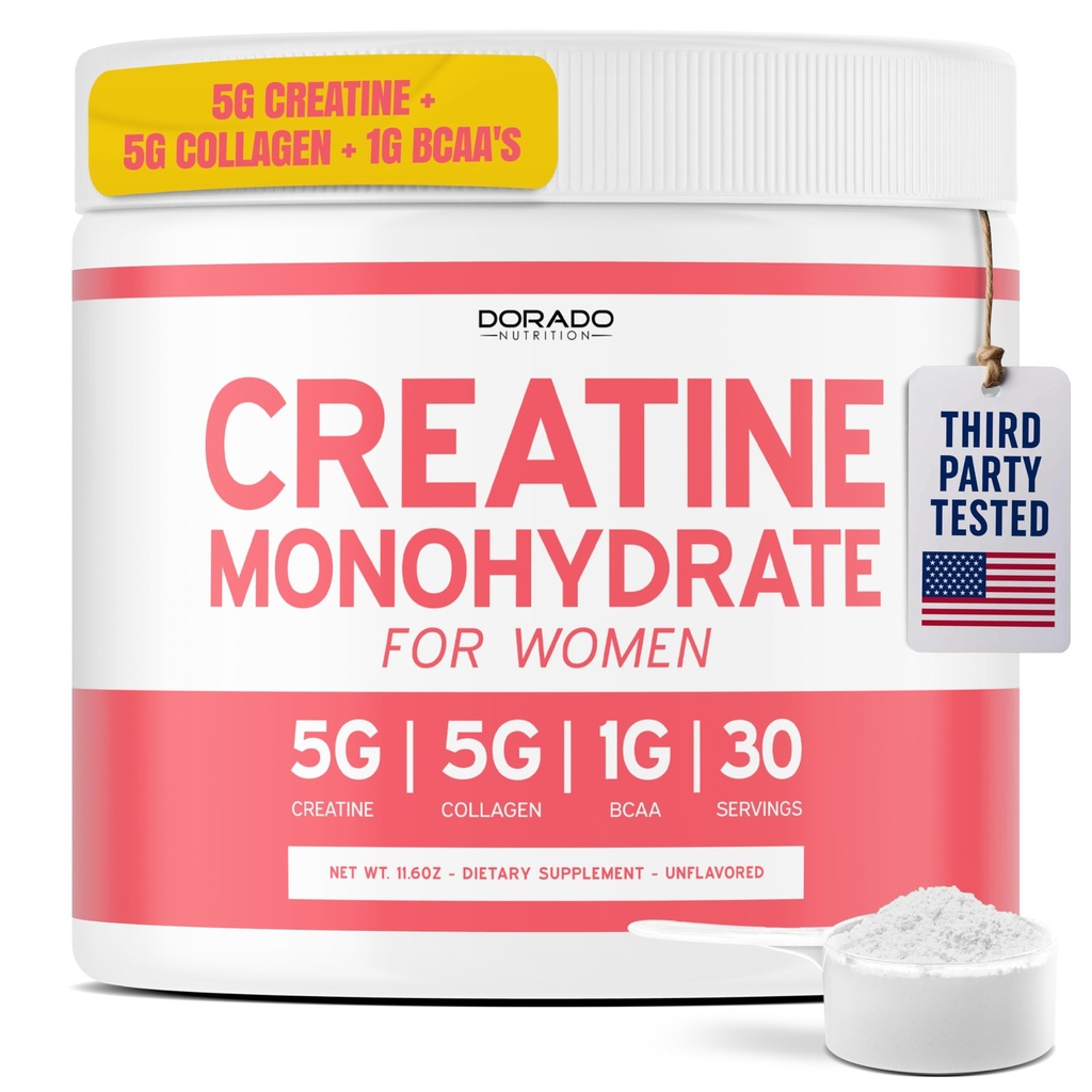 Creatina per le donne | Polvere monoidrata di creatina 5G + 5000mg Collagen + 1000mg BCAA 2:1:1:1 Polvere di supporto Glute, muscoli magre, recupero, energia & Stamina Non-GMO, senza glutine - USA Made