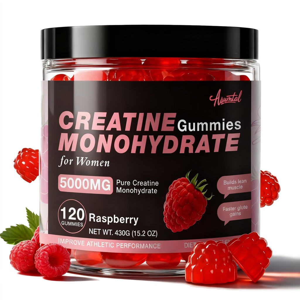Creatina per le donne 5000 MG, Creatina Gummies, Creatina Monoidrato Supplemento per la crescita del muscolo, la resistenza e il supporto energetico, Zucchero Free Pre Workout Gummies 120 Count Raspberry Flavor