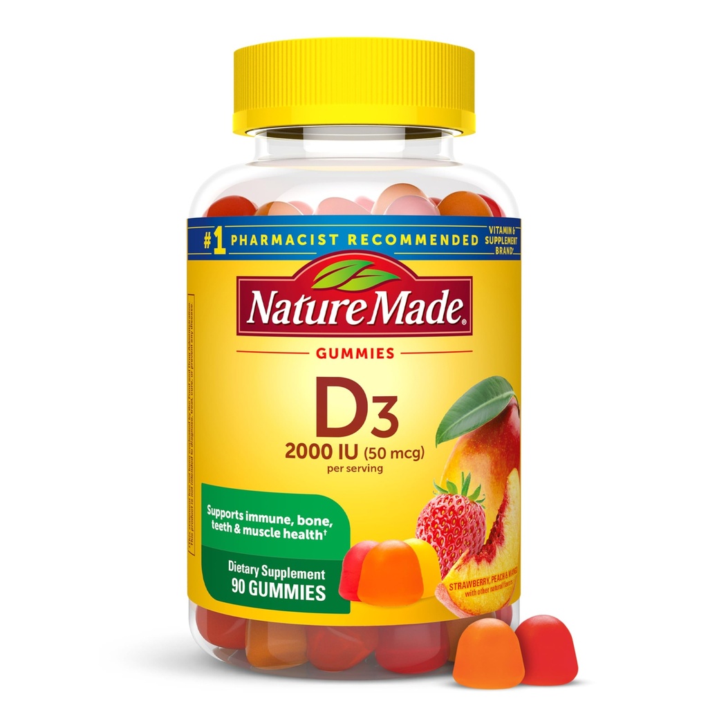 Natura fatta vitamina D3 2000 IU per servire gommoni, ossa, denti, muscolo e sostegno della salute immunitaria, alimentazione di 45 giorni, 90 Gummie di vitamina D per gli adulti