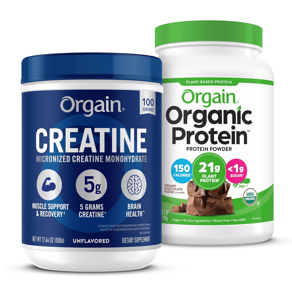 Polvere di monoidrato di creatina di Orgain (17.64 Oz, 100 Servings) & polvere di proteine di fudge di cioccolato vegano organico (2.03 lb) Bundle - Proteine e supporto muscolare pianta-basato