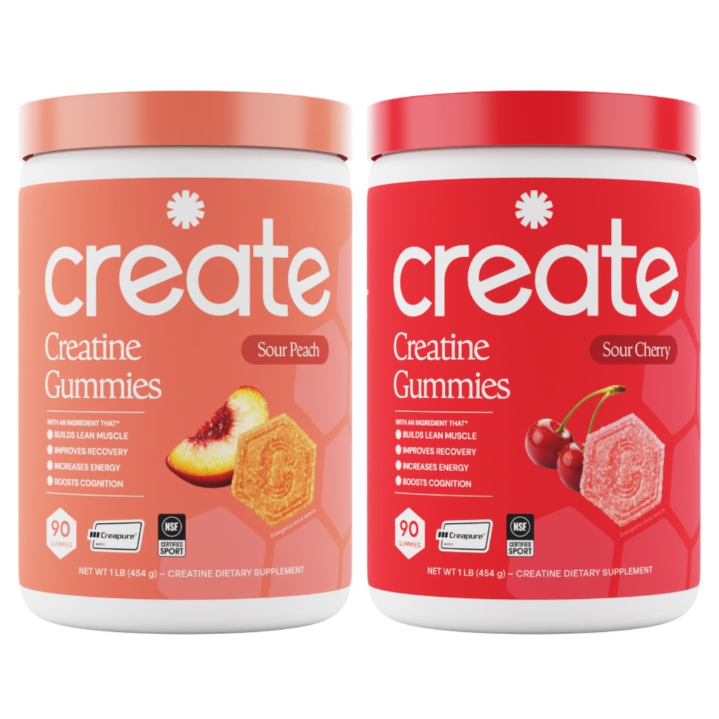 Creatina Monohydrate Gummies - Peach Pump Duo - Sour Peach & Sour Cherry - Creatine Gummies for Women & Men, NSF Certified, 3rd Party Tested, Anti-Melting Formula, 180 Count (2-Pack)