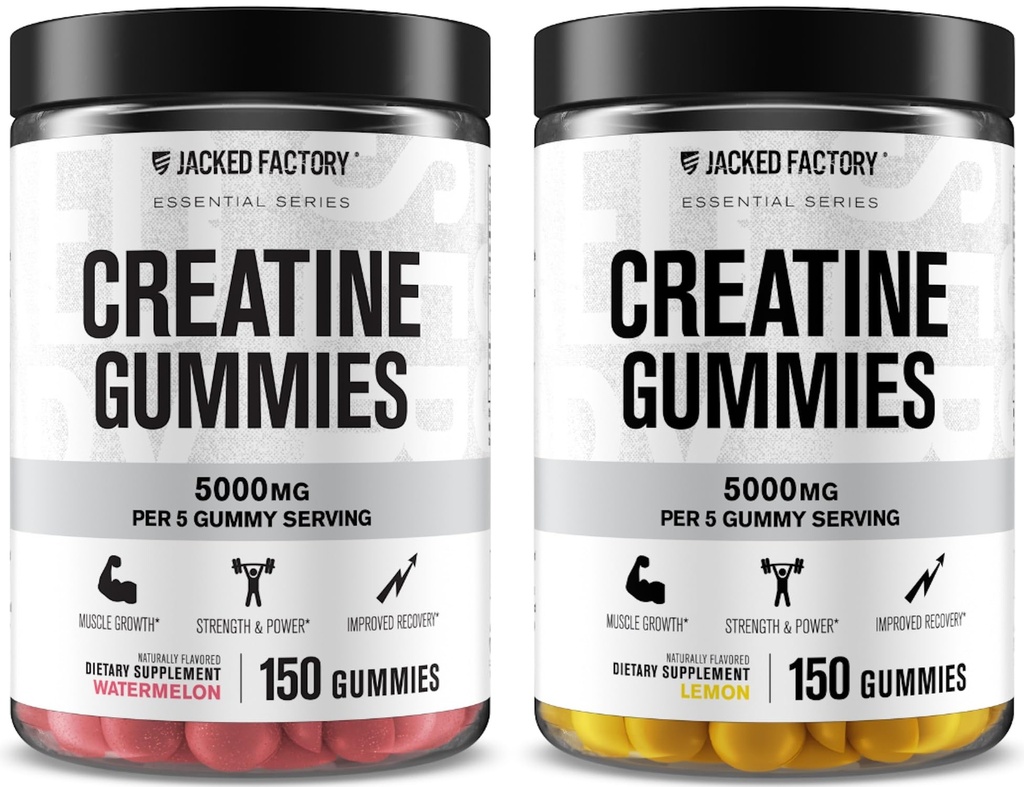 Jacked Factory Creatine Monohydrate Gummies 5g Dose Giornaliero (1g per Gummy) - Gomma Creatina per Uomini e Donne, Vegan-Friendly, Travel-Friendly, Testato di terze parti - 150 Gummies, Watermelon & Lemon