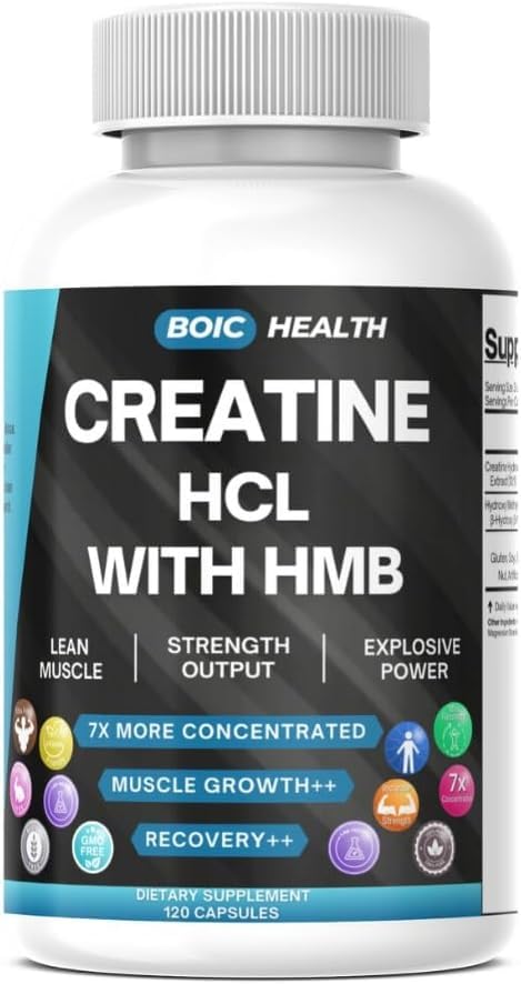 Creatina HCL + HMB Capsule | 410mg HMB per Serving & 1250mg Creatina cloridrato | Performance Formula & Ultra-Pure Strength | No Bloating, altamente solubile – 120 capsule
