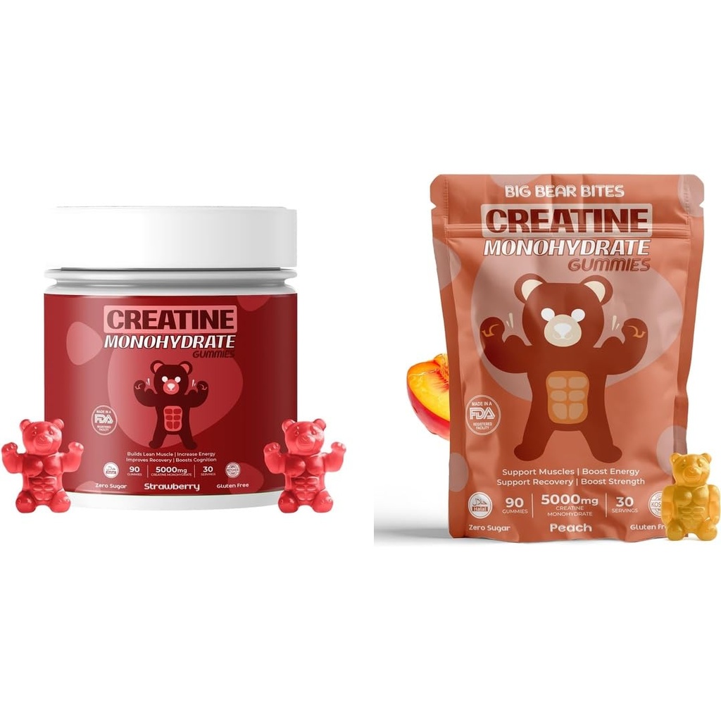 Creatina Monoidrato Gummies Bundle – Fragola & Peach | 5000mg Per Serve | Zucchero-Free, Gluten-Free & Halal | 180 Gummies Totale (2 x 90 Conte)