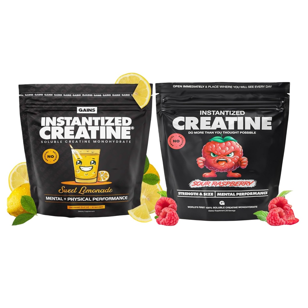 Gains in Bulk Monoidrato Creatina istantaneo per le donne e gli uomini, Soluble Pre Workout Powder, Supporta la costruzione del muscolo, la forza e le prestazioni, la limonata dolce e il lampone acidulo, 60 Serve