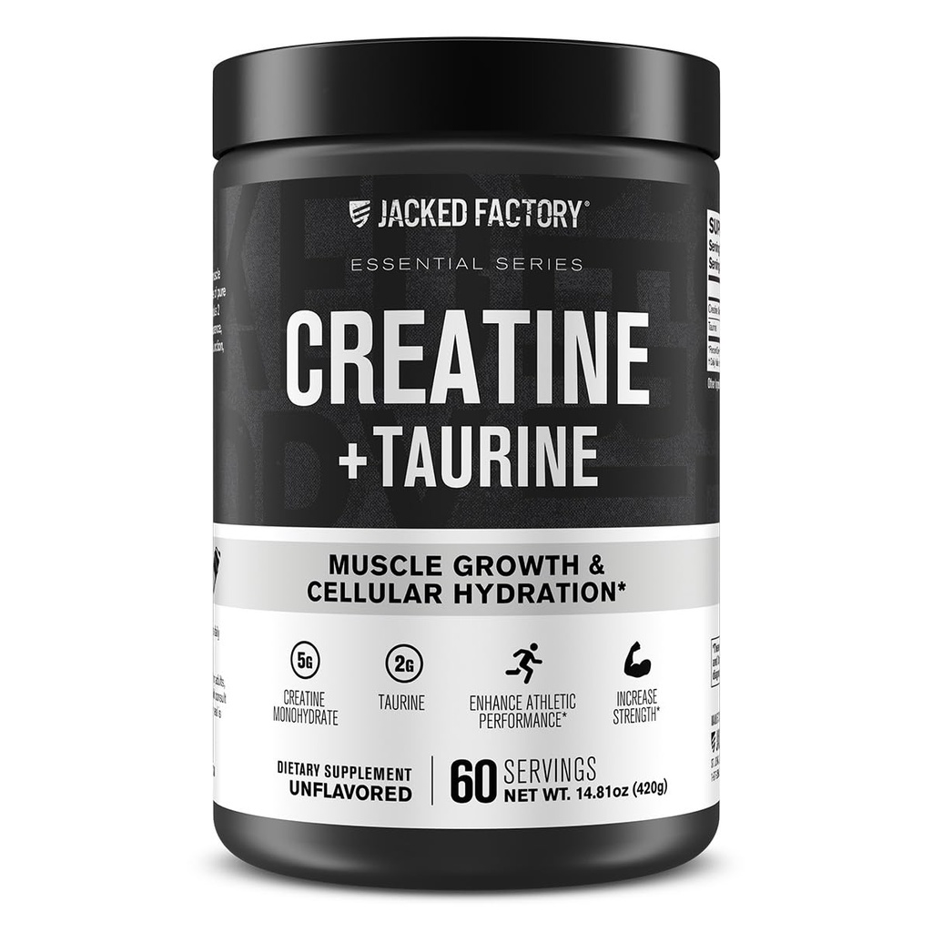 Jacked Factory Creatine + Taurine - Creatina Monoidrato 5000mg con Taurine 2000mg per aumentare la resistenza muscolare e idratazione cellulare - 60 Serve, non aromatizzato
