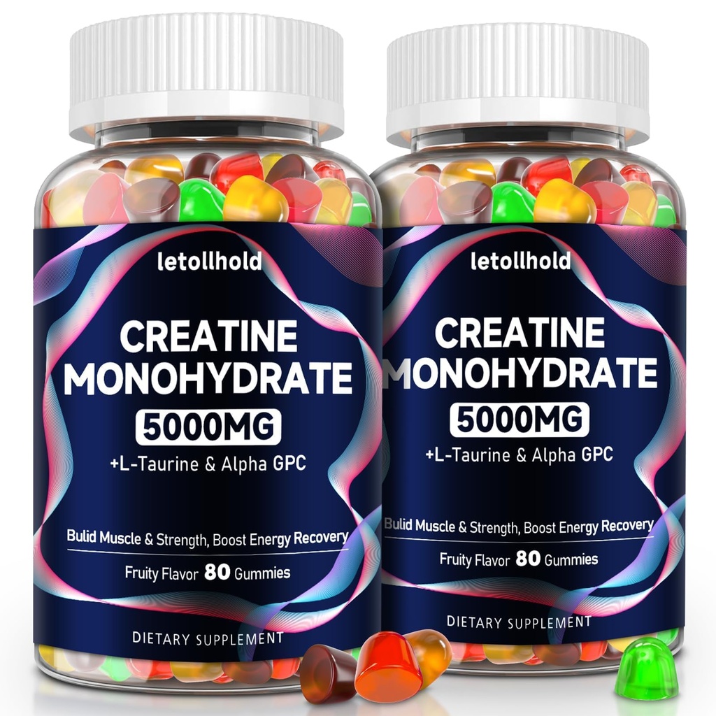 Creatina Monoidrato Gummies 5g per Donne & Uomini - Gummie Creatine per Donne Pre Workout Chewables con L-Taurine & Alpha GPC, Sugar-Free Muscle Builder, Energy Boost, Vegan Non-GMO (160 Count)