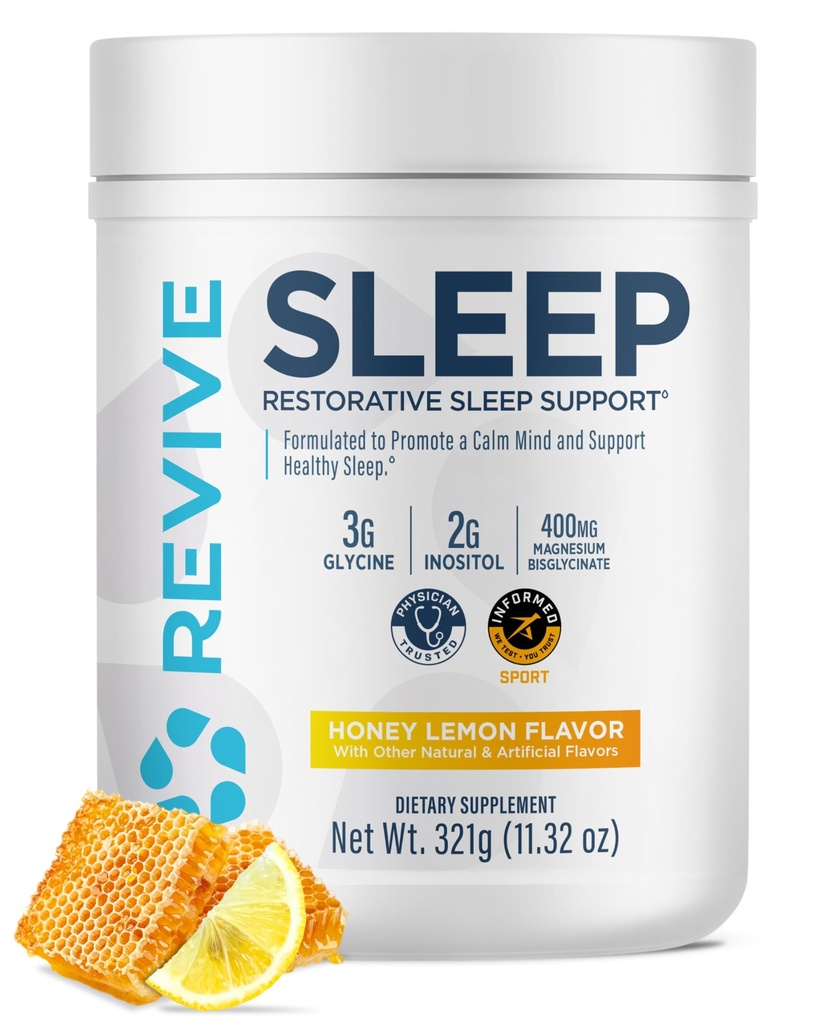 Revive MD Sleep Support Supplemento per Adulti, Miele Limone - Supplementi di sonno con Magnesio (Glycinate), Inositolo, Glycine & L-teanina - Promuove Rilassamento & Sonno Salute