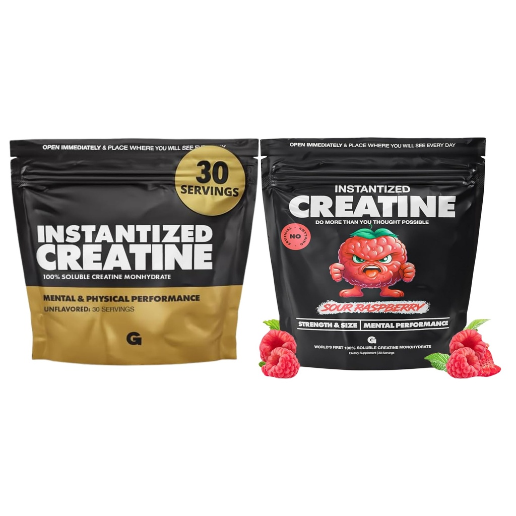 Gains in Bulk Intantized Creatine Bundle, Soluble Pre Workout Powder, Supporta la costruzione del muscolo, la forza e le prestazioni, non aromaed e Raspberry, 60 Serve