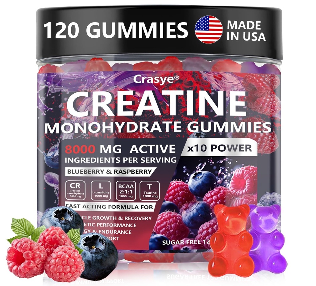 Creatina Monohydrate Gummies Complex 8000 MG per le donne, Creatina Gummy con Taurine BCAA per il supporto energetico e la forza muscolare, Zucchero gratuito Pre-allenamento supplemento