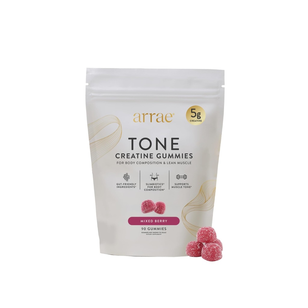 Arrae Tone Gummies – Creatina Monoidrato 5g per le donne – Supporto muscolare magra, resistenza e recupero – Supplemento di tonificazione del muscolo ormone-funzione – Mixed Berry Flavor – 90 Conte