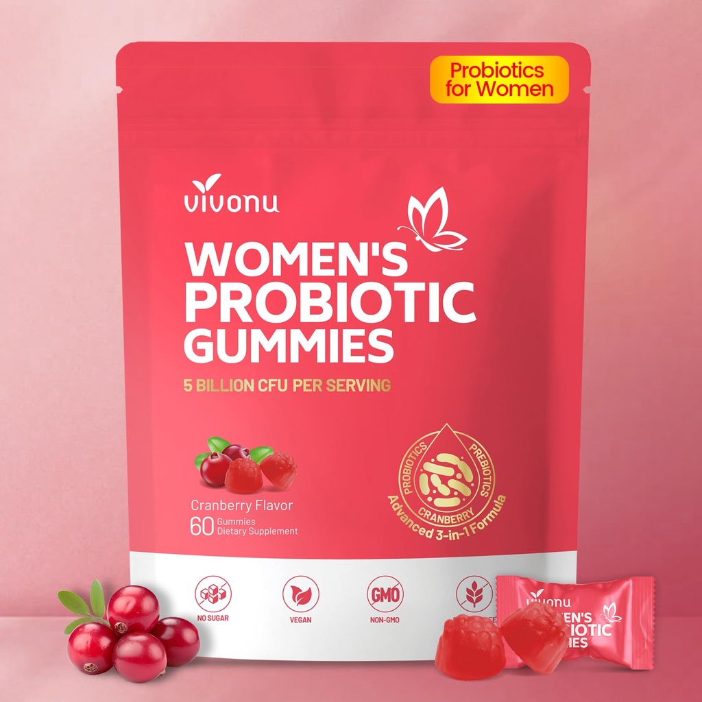 VivoNu Probiotici Viginali per le donne, Probiotici Gummies, Feminine Balance Gummies, Prebiotici Gummy, Probiotici di Mirtillo per Donna Salute Vaginiga, Lievi Ph Balance| 60 Gummies