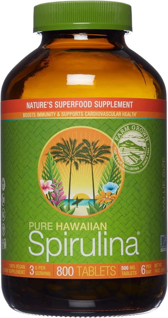 Nutrex Hawaii, Pure Hawaiian Spirulina 500 mg, Vegan, Supporta sistema immunitario, Cuore, Celle ed Energia, 800 compresse