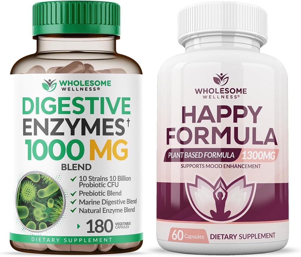 Intero benessere enzimi digestivi 1000MG Plus Prebiotics & Probiotics Supplemento + Happy Formula Natural Stress Formula Relief Supplemento per donne & uomini Bundle