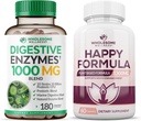 Intero benessere enzimi digestivi 1000MG Plus Prebiotics & Probiotics Supplemento + Happy Formula Natural Stress Formula Relief Supplemento per donne & uomini Bundle