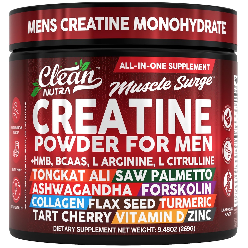 Polvere di creatina di Nutra pulita per gli uomini + HMB BCAA L Arginina L Citrullina Tongkat Ali Saw Palmetto Ashwagandha Collagen Flax Seed Turmeric Preworkout Stevia Ossido Nitrico L Glutamine Aminoacidi