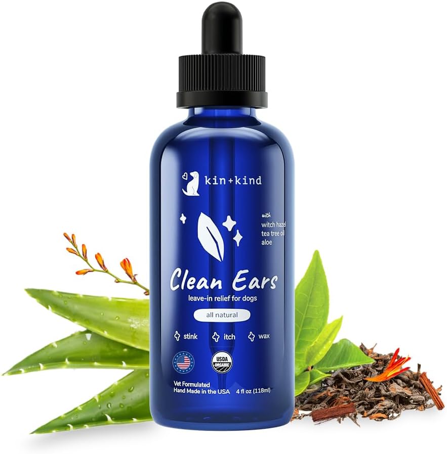 kin+kind Dog Ear Cleaner Solution – Organic Dog Ear Wash & Easy-to-Use gocce per cani – Pulisce cera, sporco e odore – Gentle Ear Cleaning w/Witch Hazel, Aloe Vera & Tea Tree Oil – Made in USA 4 fl oz