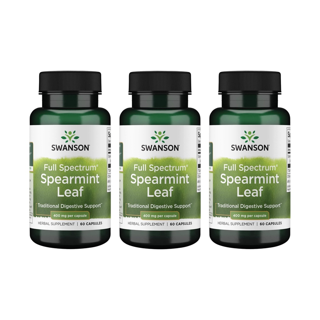 Swanson Spearmint Leaf (Mentha Spicata)-Full Spectrum Supplement Herbal Supporting Digestive Health & Mild Stomach Issues - (60 Capsule, 400mg Ogni) 3 Pack