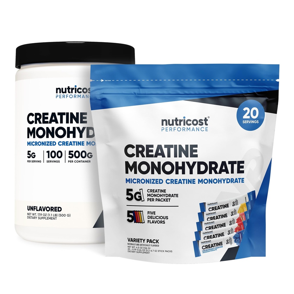 Nutricost Micronized Creatina Monoidrato 500 Grammi e 20 Stickpacks (Variety) Bundle
