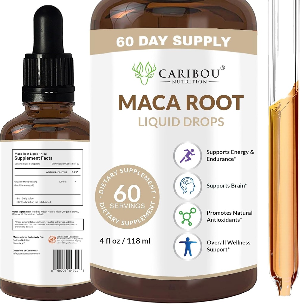 Maca Root Liquid Drops | Premium Organic Maca Root Extract | Maca Supplemento per potenziato Mood & Vitality | 60 Servings | 4 Fl Oz
