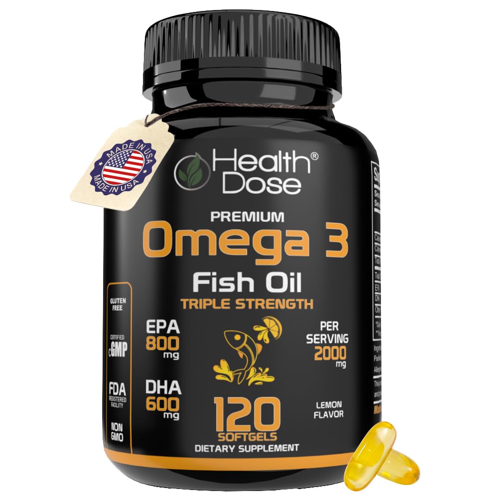 Dose di salute Omega 3 Fish Oil 2000mg – Softgels aromatizzati al limone con EPA 800mg & DHA 600mg per il cervello, il cuore e il supporto benessere – Easy-to-Digest, nessun Fish Burps – 120 Softgels, 2-Month di alimentazione