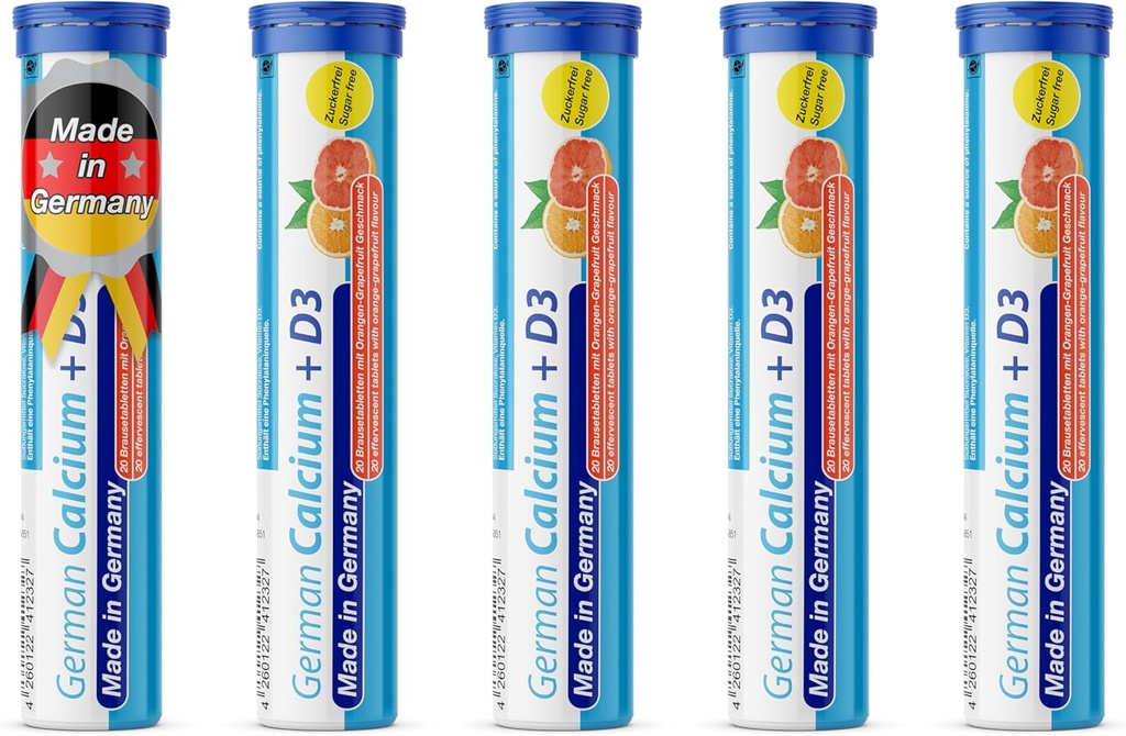 Calcio tedesco + VIT. D - 100 Compresse Effervescenti Bevande Vegetariane - Aroma di Pompelmo Arancio - Made in Germany