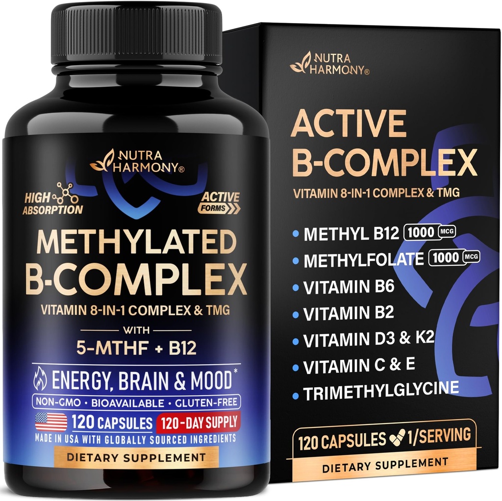 Vitamina B Complex Methylated - B-Complex con Methylfolate & B12 - Biodisponibile per Uomini & Donne - Multivitamina metilata 9-in-1 - Energia, Cervello &amp; Mood - Vegan - Made in USA - 120 Capsule, One/Day