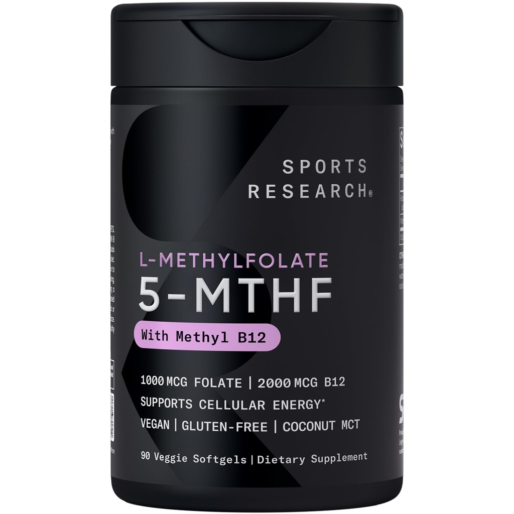Sports Research® 5-MTHF Methyl Folate w/Methylated B12, 90 Count Plantgels