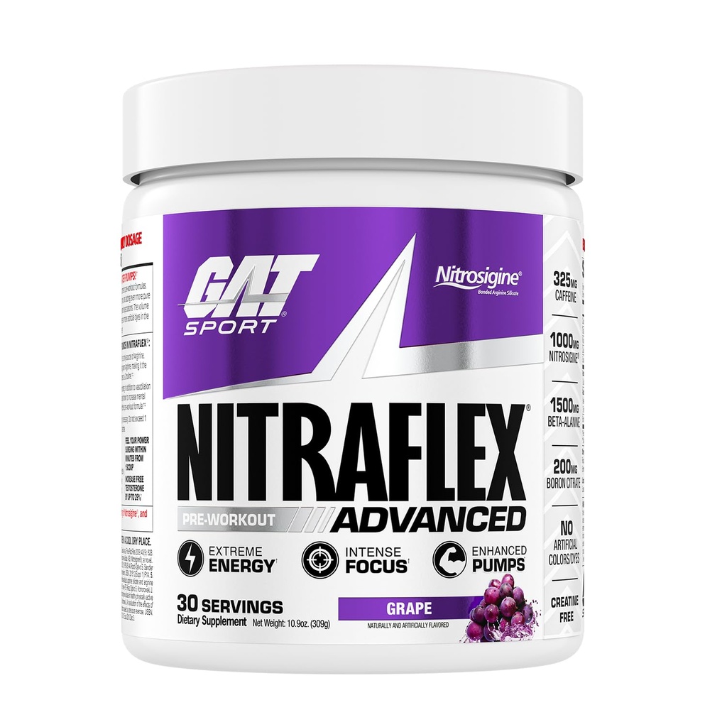 GAT SPORT, Nitraflex Advanced Pre-Workout Powder, aumenta il flusso sanguigno, aumenta la resistenza e l'energia, migliora le prestazioni di esercizio (Grape, 30 Serve)
