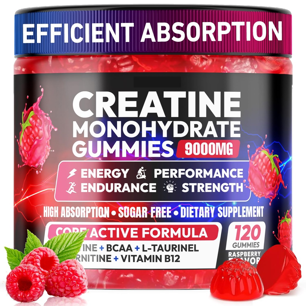 Creatina Gummies Monohydrate Complex 9000MG, Pre-allenamento per uomini e donne, Creatina Gummy con L-Taurine, BCAA 2:1, B12/6 per il supporto muscolare, Migliorare la resistenza, Energy Boost-120 Count