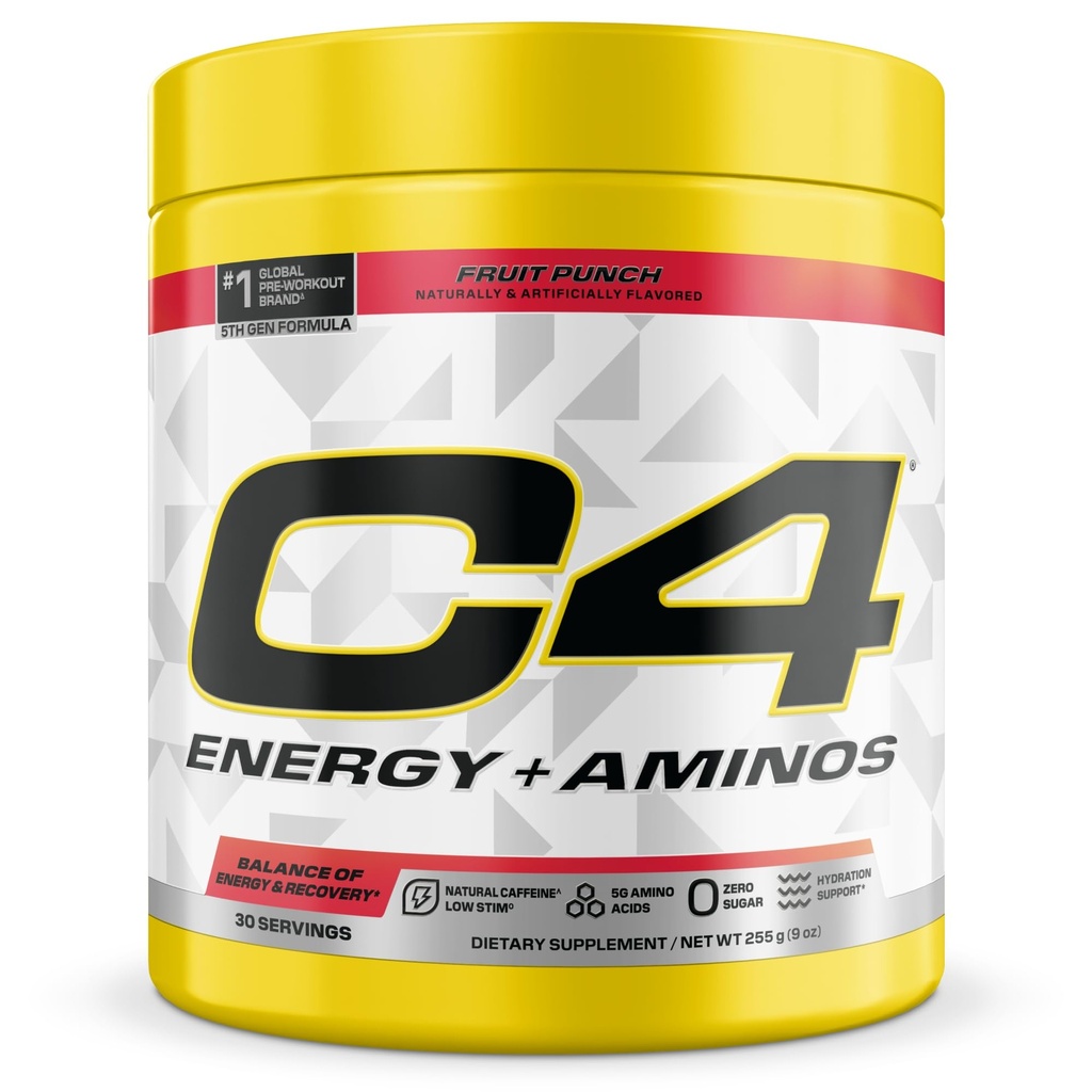C4 Energy + Aminos Powder, 5g BCAAs & EAAs per il recupero del muscolo, 3 elettroliti per l'idratazione, 100mg caffeina naturale, pre allenamento, zucchero zero, 30 Servings, Fruit Punch