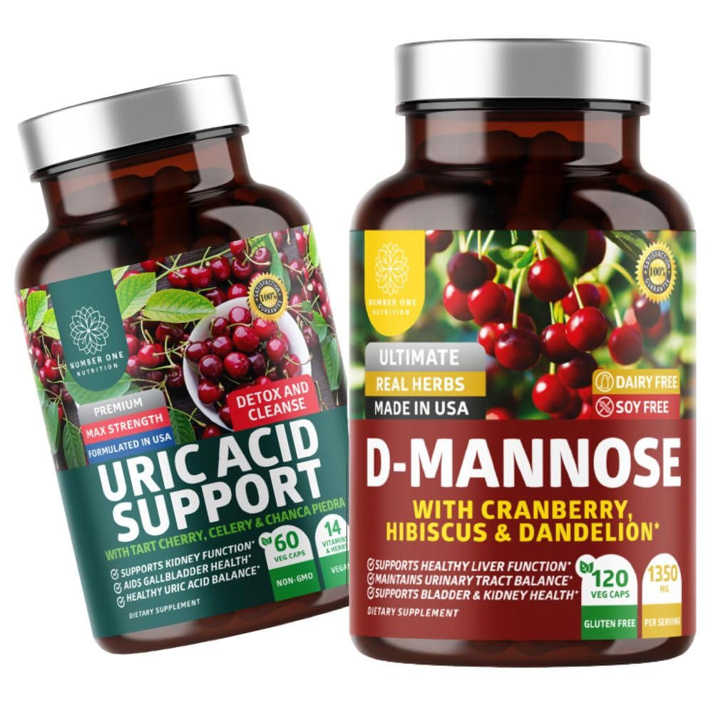 N1N Premium D-Mannose con Mirtillo & Hibiscus [1350mg], 120 capsule e supporto acido urico con 14 erbe potenti, 60 capsule, 2 Pack Bundle