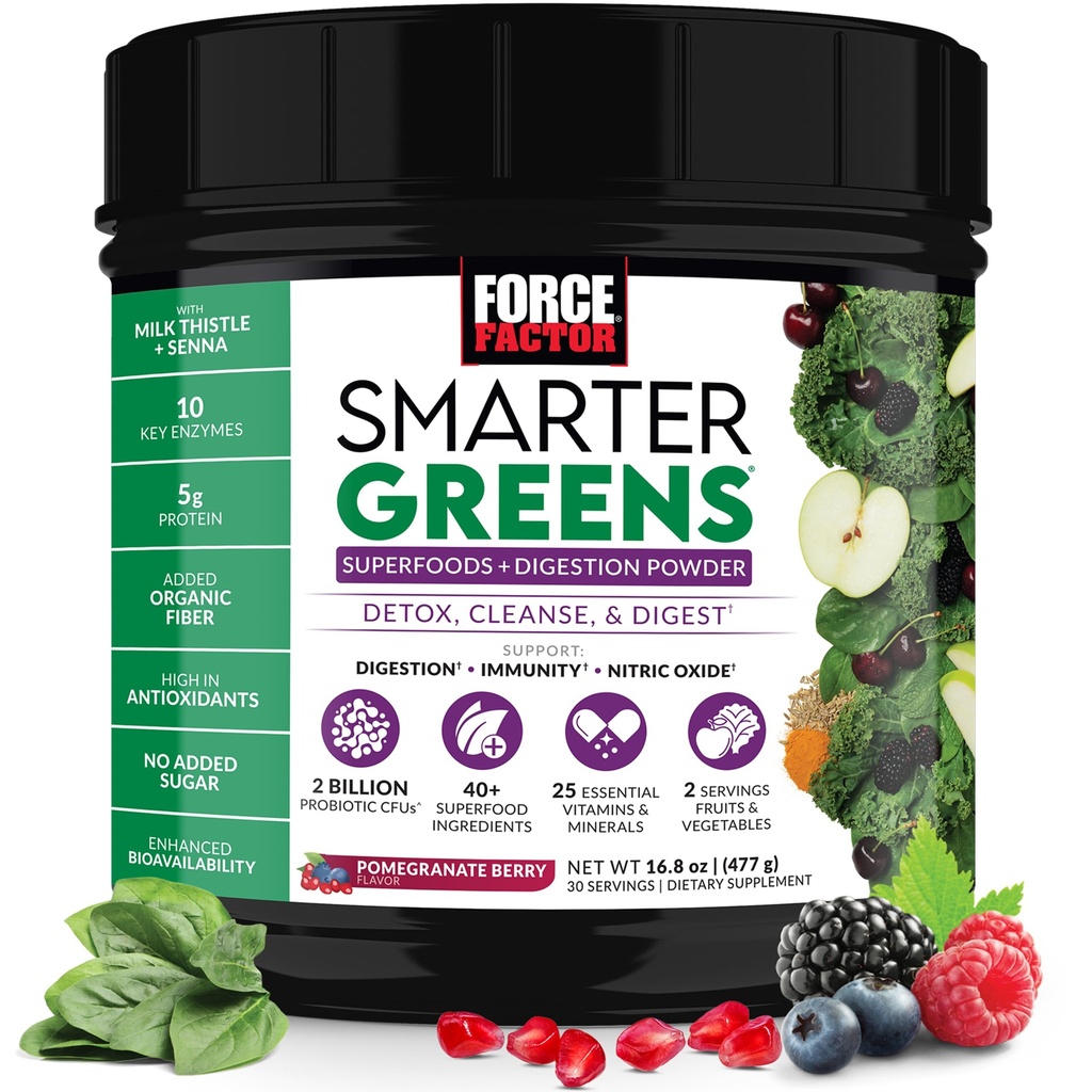 Fattore di Forza Smarter Greens Superfoods Polvere per sostenere la digestione, la salute del fegato, il Bloating, la polvere dei verdi con probiotici, prebiotici, enzimi digestivi, & adaptogeni, la berta di melograno, 30 Servings