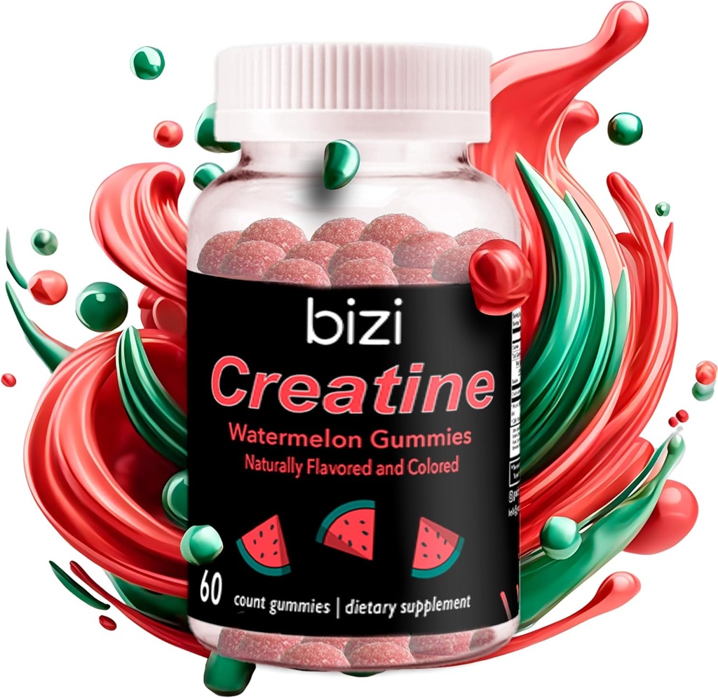 Bizi Creatina Watermelon Gummies per gli uomini e le donne, Creatina Monoidrato Gummies, Watermelon Flavor Creatina Gummy, Allenamento, crescita muscolare, & Recovery Supplement, Vegan & Gluten Free (60 ct)