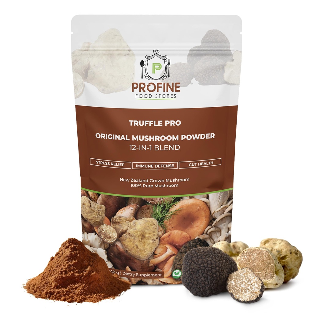 PROFINE Tartufo PRO Mushroom Polvere 12- in - 1 Super Blend con Tartufo Nero e Tartufo Bianco - USDA Organic - Supplemento - Aggiungi al Caffè/Tea/Smooti - Funghi interi - Nessun filler