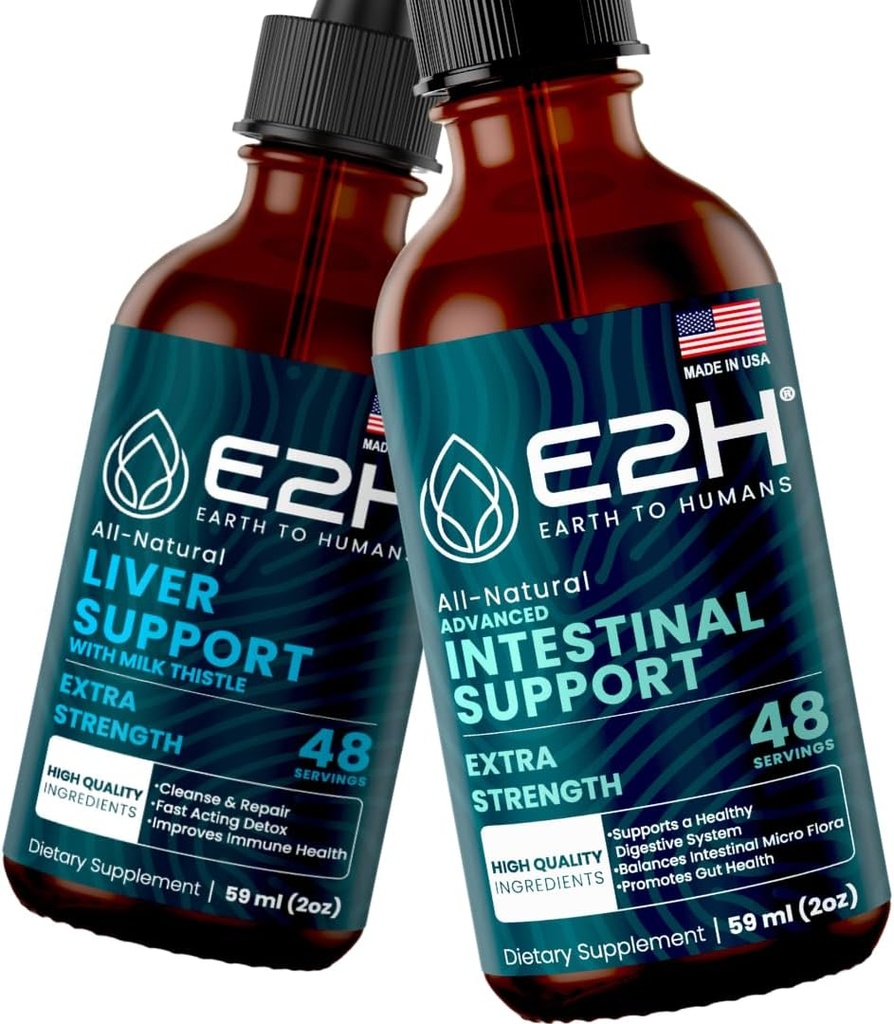 E2H: Integratore di supporto per fegato e supporto avanzato Intestinal | Vegan, Non OGM - 2 Fl Oz Ogni (4 Fl Oz Totale) - Bundle