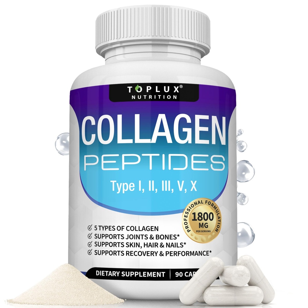 Toplux Multi Collagen Peptides Pills 1800 Mg Complex - Tipo I, II, III, V, X Premium Collagen Complex per una migliore pelle e capelli, Giunto forte, Proteine idrolizzate, per le donne degli uomini, 90 capsule, supplemento