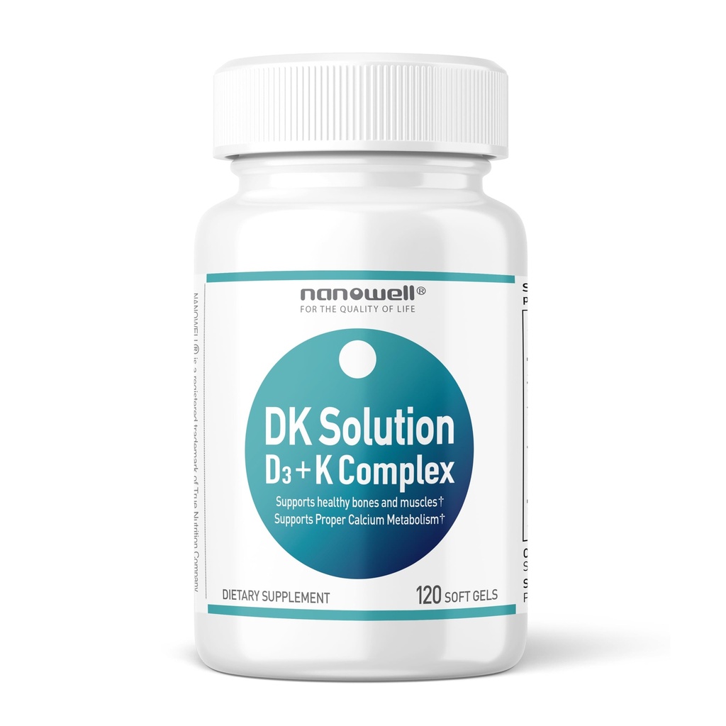 Soluzione NANOWELL DK Vitamina D3 2000 IU (50 mcg) + K Complex - Integratore alimentare per Bone, Supporto per la salute muscolare e immunitaria - 120 Softgels, 120 giorni di alimentazione