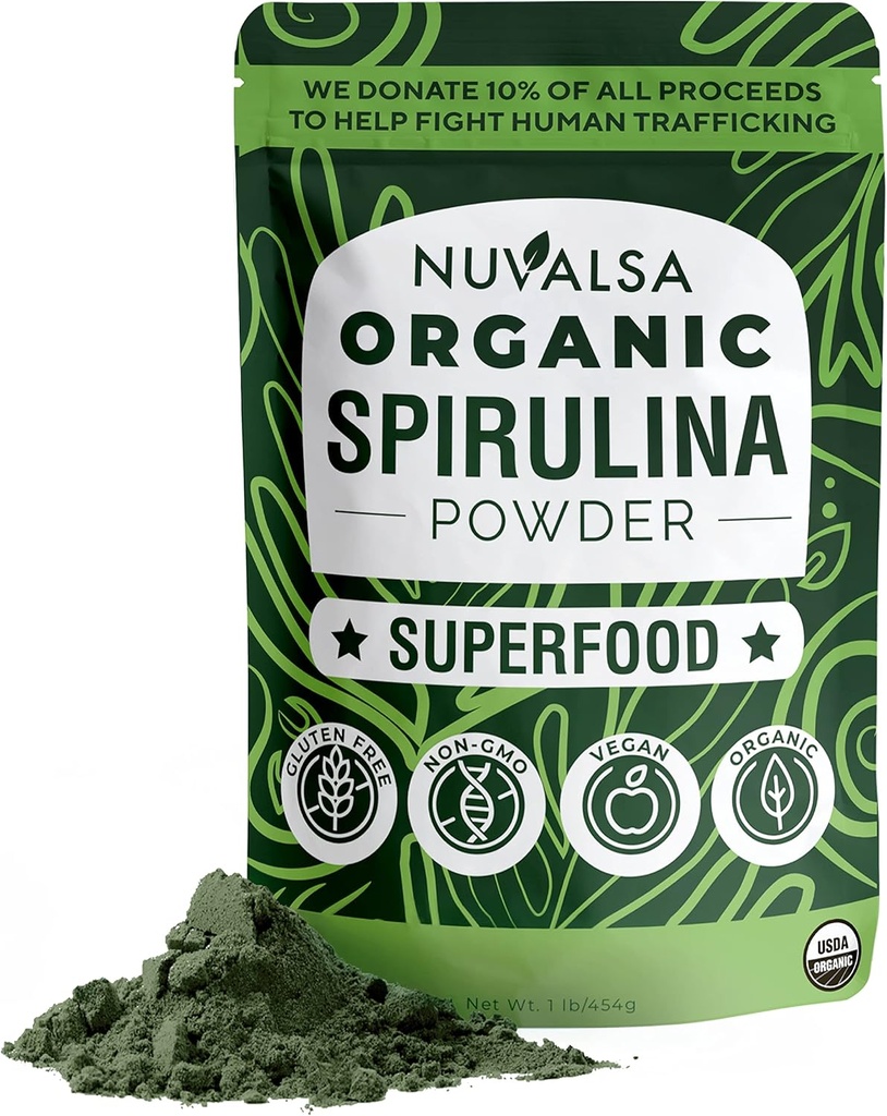 Nuvalsa Organic Spirulina Powder 1lb – 100% Pure Superfood Supplemento da Blue Green Algae Non OGM per Smoothie & Protein Drink, Vegan & USDA Certified Organic - 100 Servings