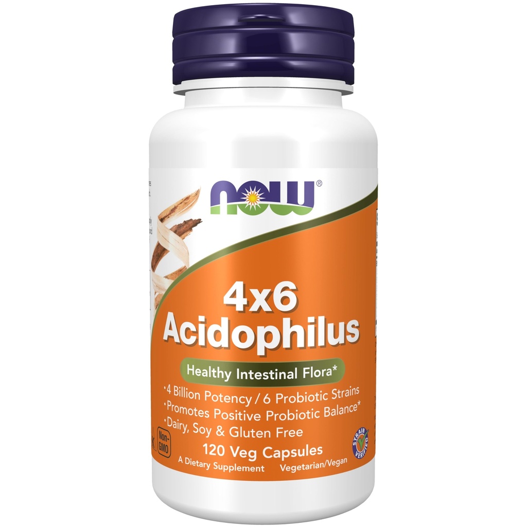 NOW Integratori alimentari, Acidophilus 4X6, 4 miliardi di potenza con 6 strati probiotici, Strain verificato, 120 capsule di veg