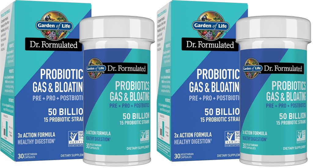 Giardino della vita Dr. Formulated Pre, Post & Probiotics Gas & Bloating Una volta Quotidiano 3-in-1 Prebiotici completi, Postbiotici & Probiotici – 50 miliardi di CFU, Non OGM, Senza glutine, 30 giorni di alimentazione, (Pack of 2)