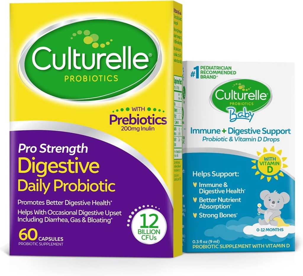 Culturelle Pro Strength Daily Probiotic Capsule, Probiotici per Uomo e Donne 60 Conte, 2 mesi + Culturelle Baby Immune & Digestive Support Probiotici + Vitamina D Gocce 0-12 Mesi, 30 giorni di alimentazione, 9ml