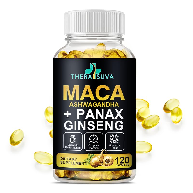 3 in 1 Ashwagandha + Maca Root + Panax Ginseng - Integratore naturale per l'energia, la stamina e il supporto per lo stress, 120 Softgels